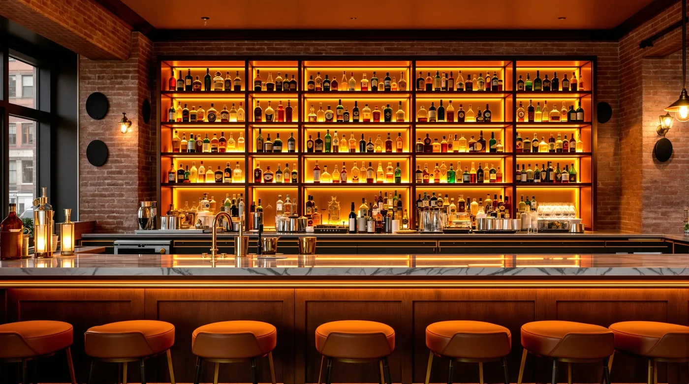 Backlit bar shelves and empty stools in a neighborhood bar before service
