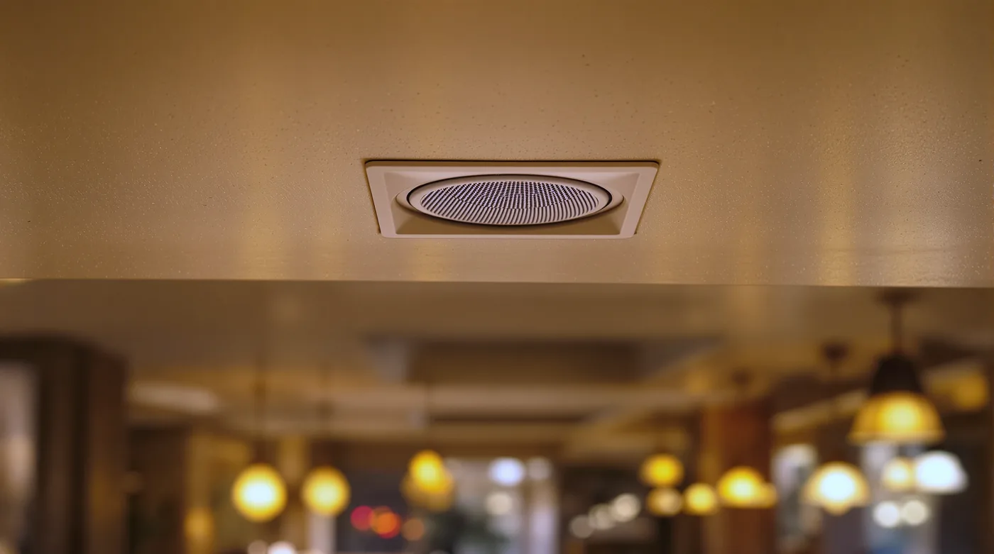 Recessed ceiling speaker above a warmly lit restaurant dining room