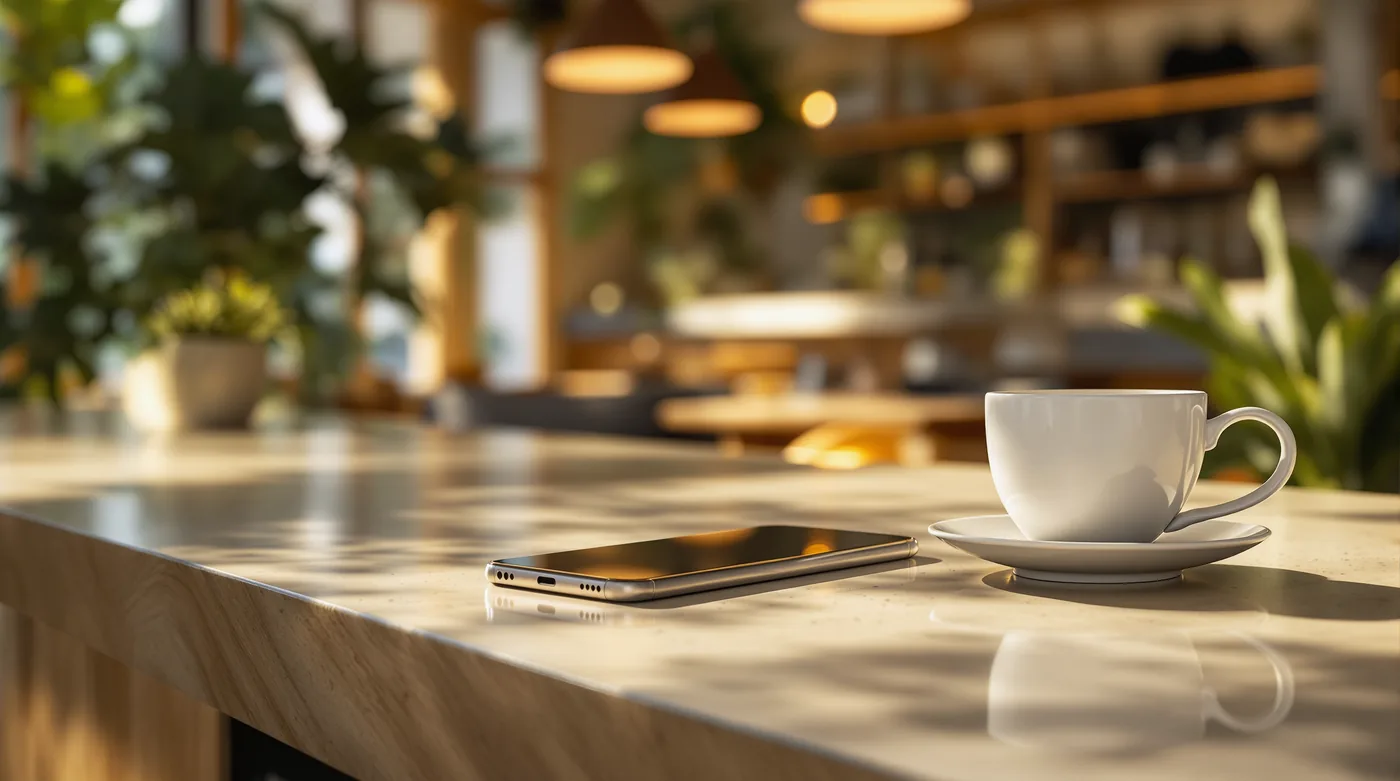 Phone lying face down on a cafe counter beside a coffee cup