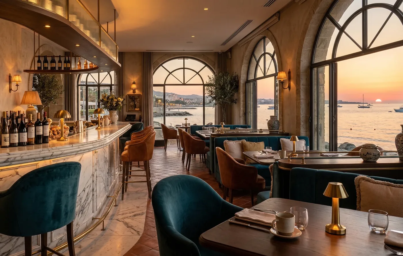 Waterfront restaurant and bar dining room at sunset with background music playing