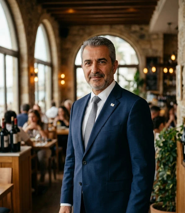 Restaurant owner standing in the dining room of the business