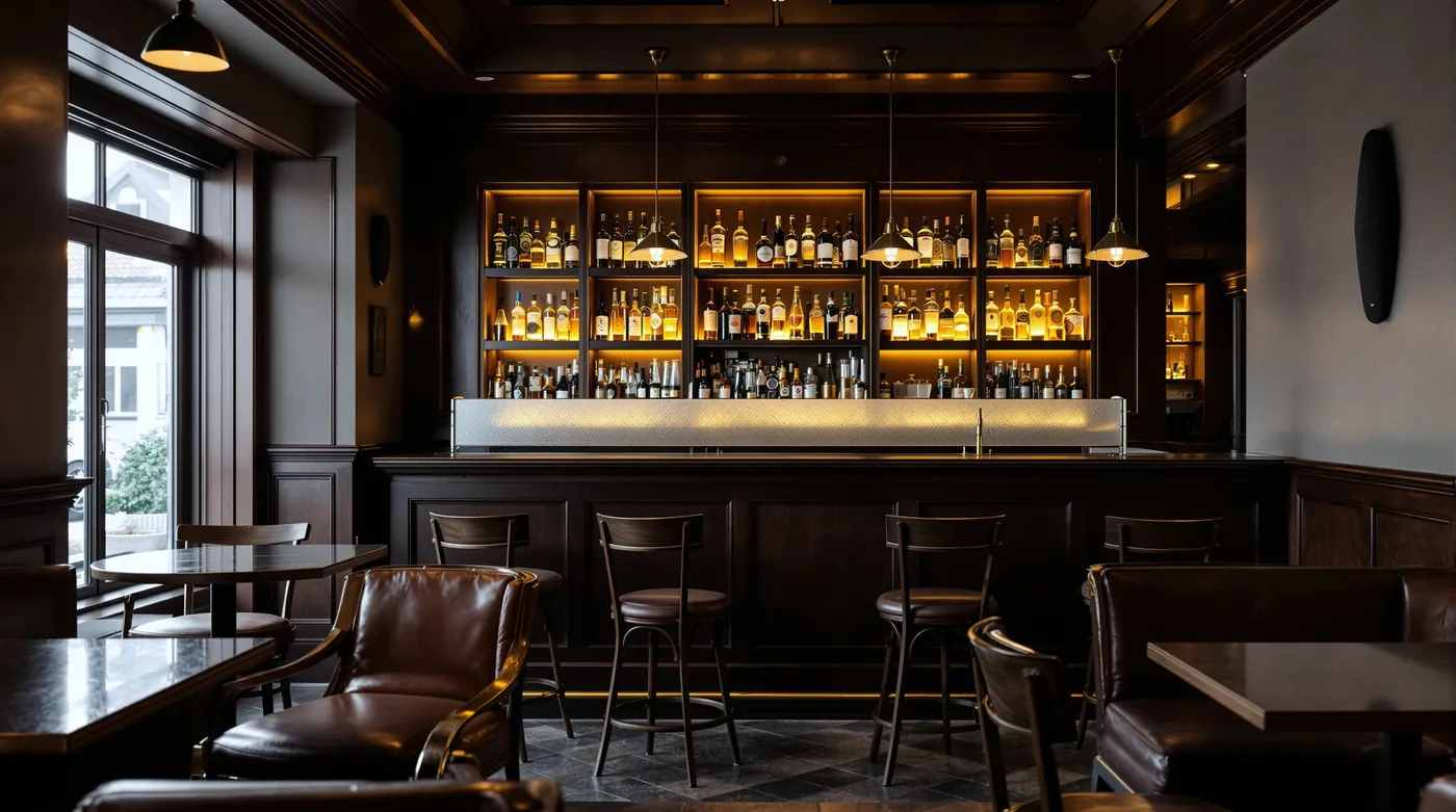 Warm neighborhood pub interior with a timber bar and leather booths before opening