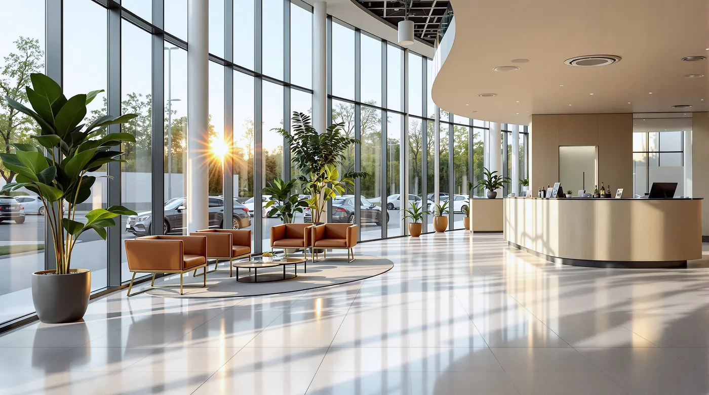 Empty premium car showroom with polished floor, glass walls and a lounge corner