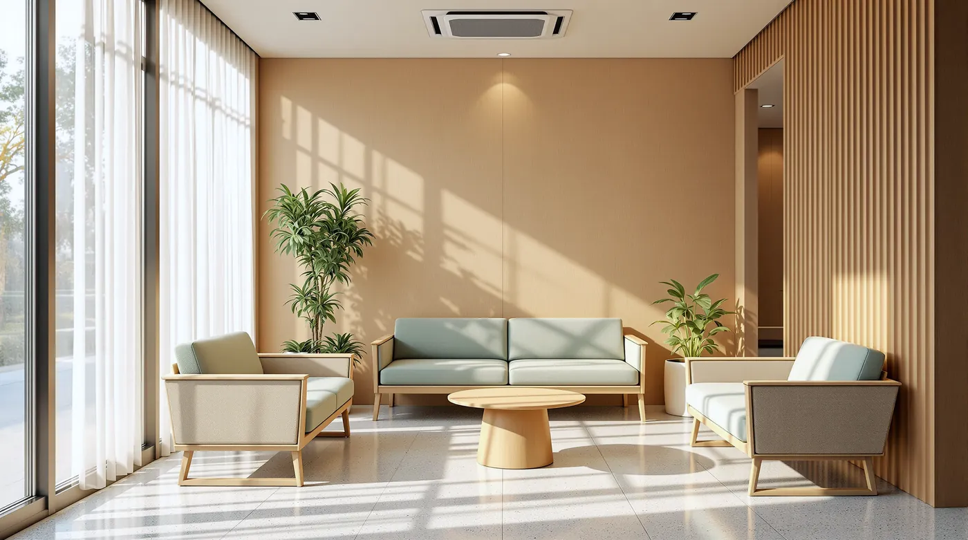 Calm dental practice waiting room with pale oak seating and soft daylight