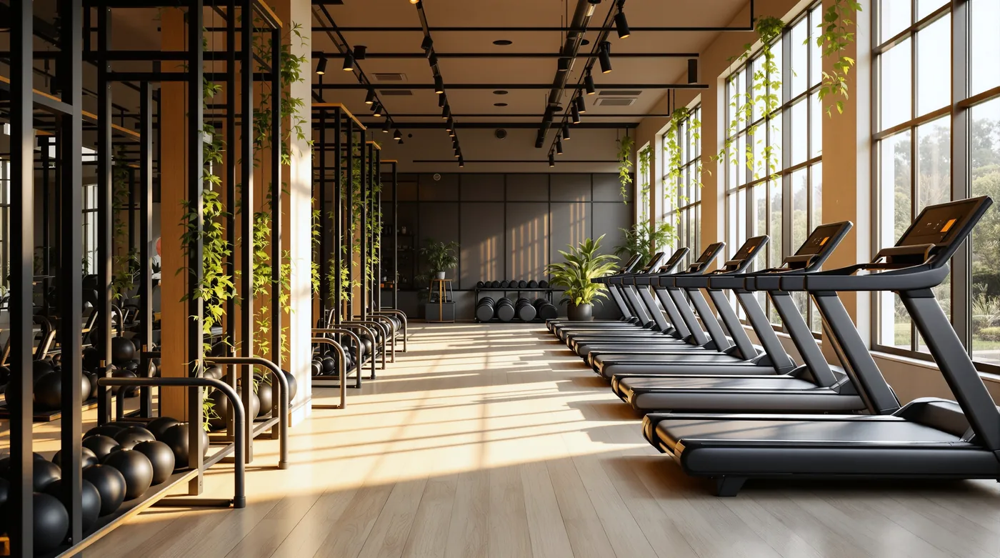 Fitness studio floor with treadmills and free weight racks in morning light