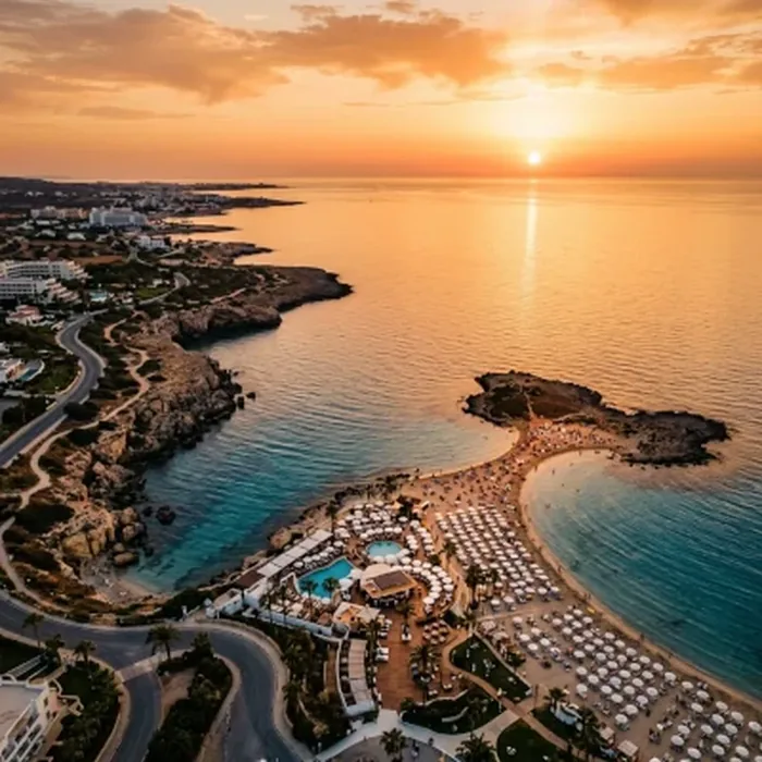 Coastal resort and beach club seen from the air at sunset