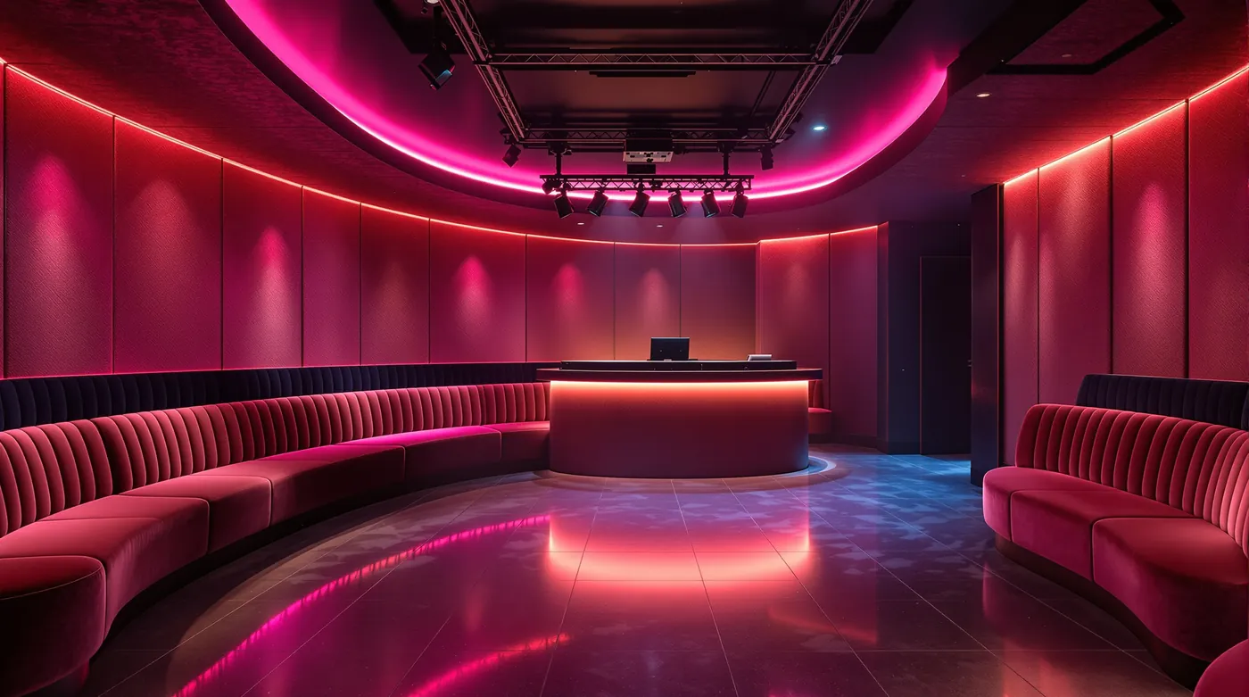 Empty upscale nightclub interior with velvet banquettes and colored wash lighting