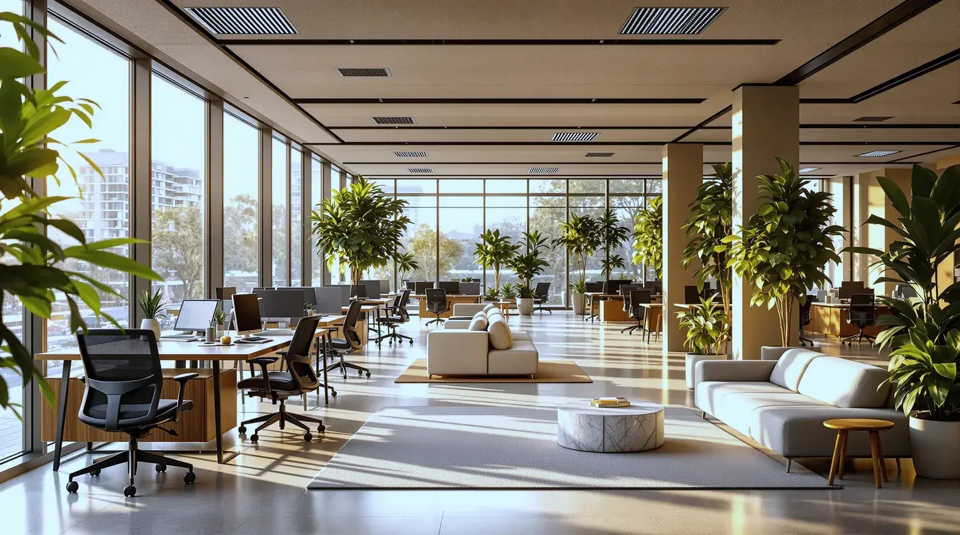 Open plan office with desks and a lounge seating area in daylight
