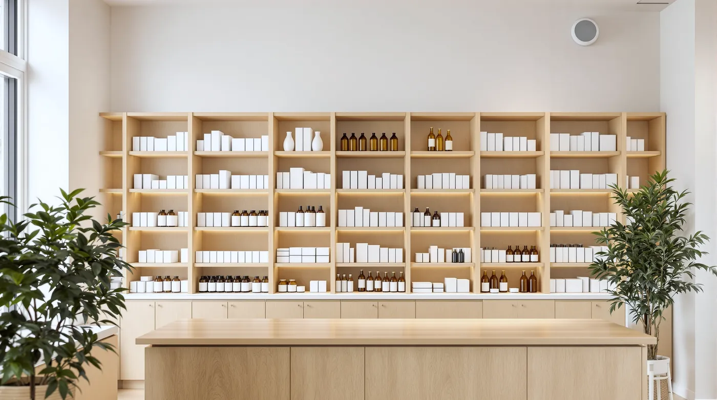 Calm modern pharmacy interior with pale oak shelving and a clean counter