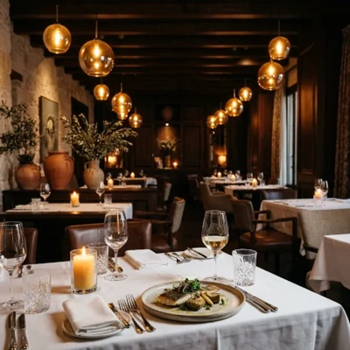 Candlelit fine dining room set for evening service