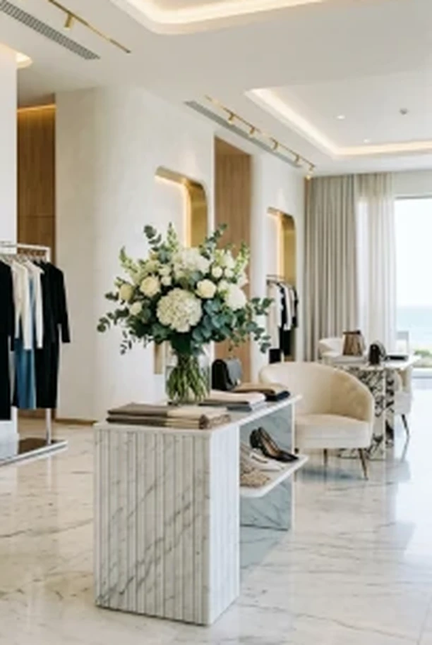 Bright boutique retail floor with garment racks