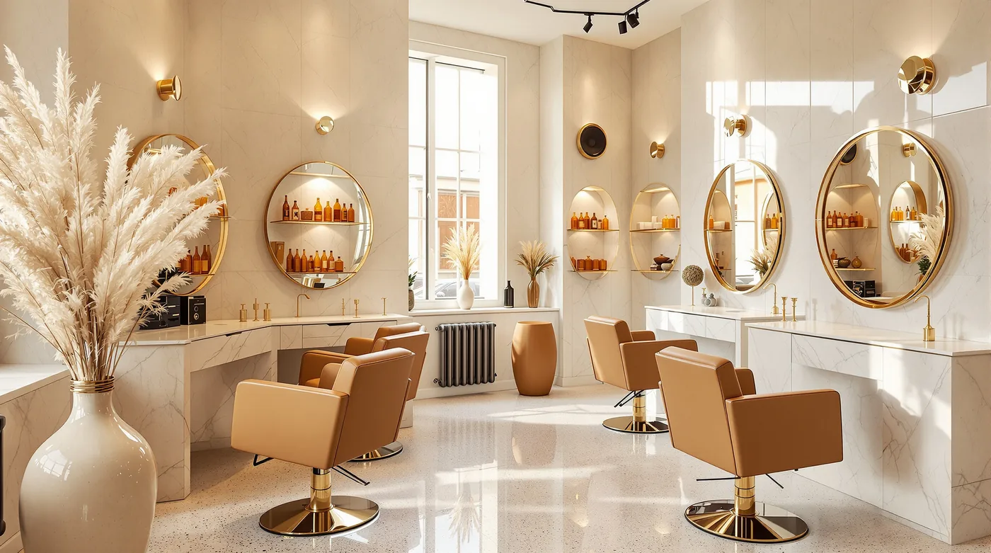 Hair salon styling floor with round mirrors and empty styling chairs