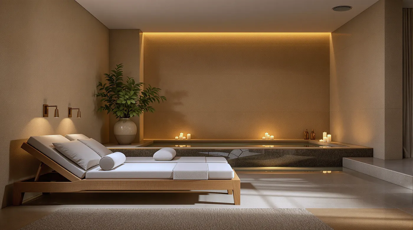 Tranquil spa relaxation room with loungers, stone walls and candlelight