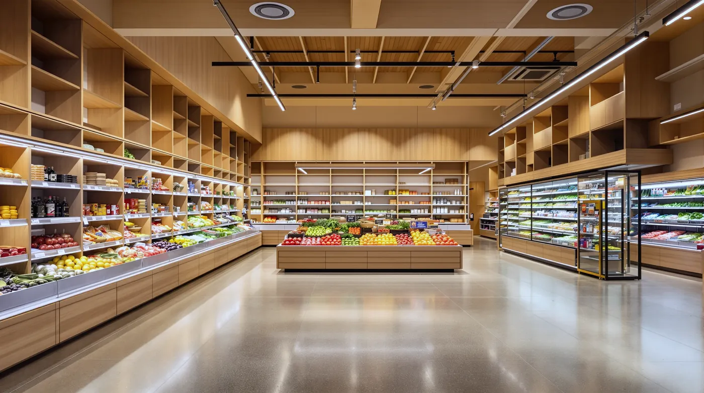 Wide supermarket aisle with warm oak shelving and a fresh produce display