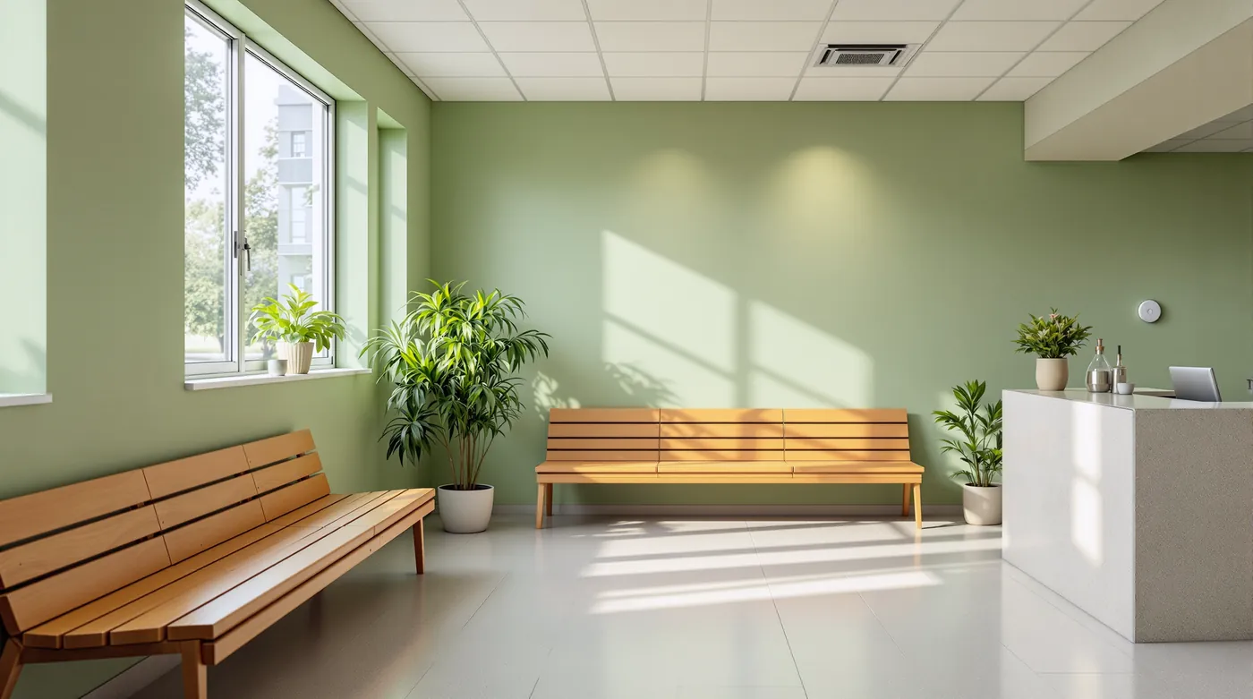 Calm veterinary clinic waiting room with timber bench seating and plants
